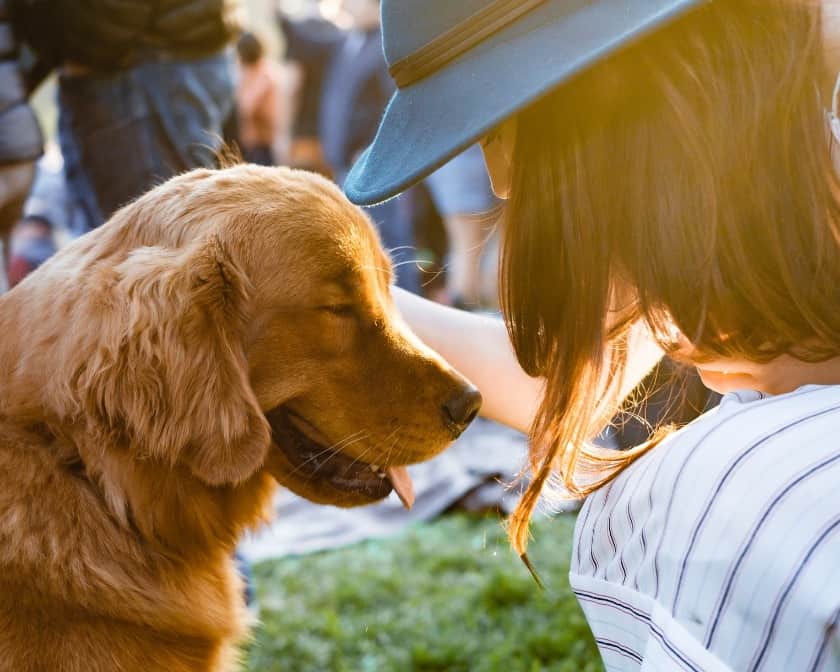 Lady in blue hat with her golden retriever